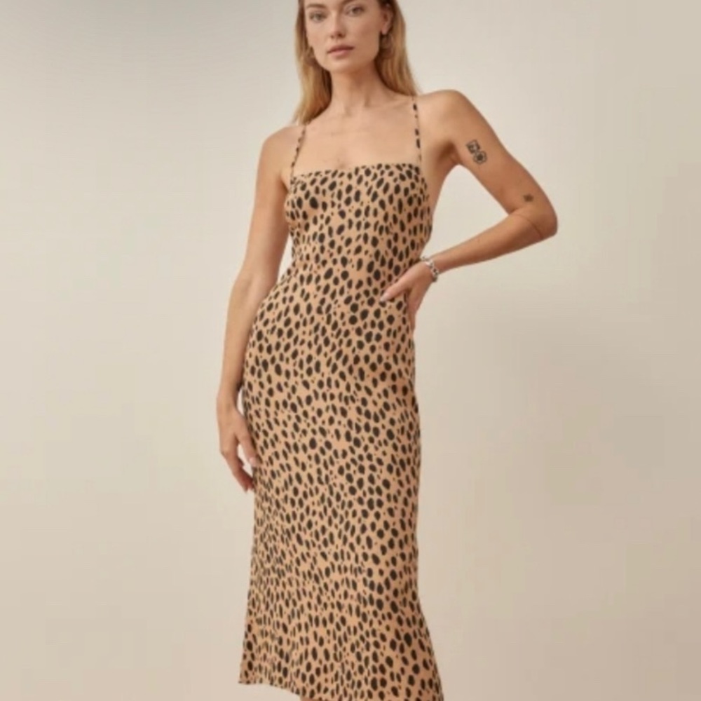New Reformation Dover Bobcat Tan & Black Midi Dress 8